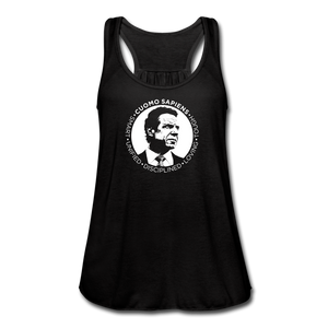 A women’s flowy, racerback style tank top, in black, on a transparent body form, featuring the Cuomo Sapiens S.U.D.L.T. SEAL graphic in white.