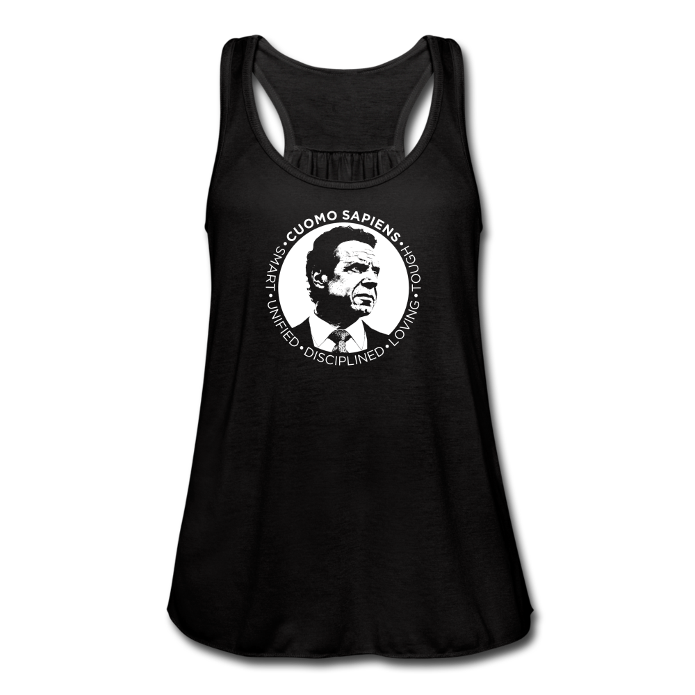 A women’s flowy, racerback style tank top, in black, on a transparent body form, featuring the Cuomo Sapiens S.U.D.L.T. SEAL graphic in white.