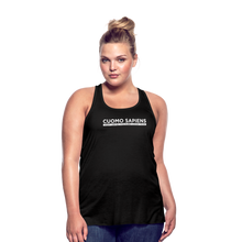 Load image into Gallery viewer, A curvy woman wearing a black flowy racerback style tank top, featuring the Cuomo Sapiens S.U.D.L.T. graphic in white.
