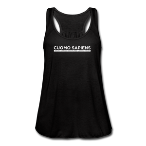 A women’s flowy, racerback style tank top, in black, on a transparent body form, featuring the Cuomo Sapiens S.U.D.L.T. graphic in white.