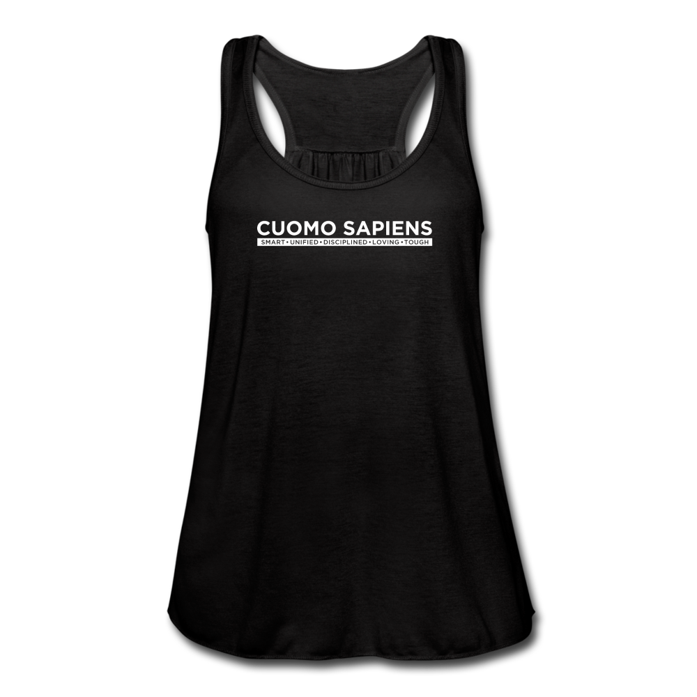 A women’s flowy, racerback style tank top, in black, on a transparent body form, featuring the Cuomo Sapiens S.U.D.L.T. graphic in white.