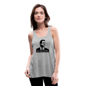 Woman wearing a heather grey colored flowy racerback style tank top, featuring the Cuomo Sapiens NO BALONEY graphic in black.