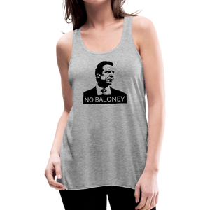 Woman wearing a heather grey colored flowy racerback style tank top, featuring the Cuomo Sapiens NO BALONEY graphic in black.