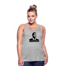Load image into Gallery viewer, A curvy woman wearing a heather grey flowy racerback style tank top, featuring the Cuomo Sapiens NO BALONEY graphic in black.
