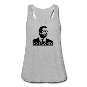 A women’s flowy, racerback style tank top, in heather grey, on a transparent body form, featuring the Cuomo Sapiens NO BALONEY graphic in black.
