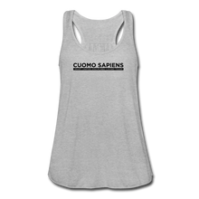 Load image into Gallery viewer, A women’s flowy, racerback style tank top, in white, on a transparent body form, featuring the Cuomo Sapiens S.U.D.L.T. graphic in black.

