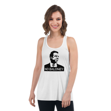 Load image into Gallery viewer, Woman wearing a white flowy racerback style tank top, featuring the Cuomo Sapiens NO BALONEY graphic in black.
