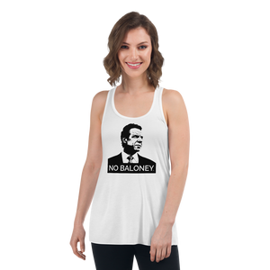 Woman wearing a white flowy racerback style tank top, featuring the Cuomo Sapiens NO BALONEY graphic in black.
