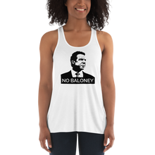 Load image into Gallery viewer, Woman wearing a white flowy racerback style tank top, featuring the Cuomo Sapiens NO BALONEY graphic in black.
