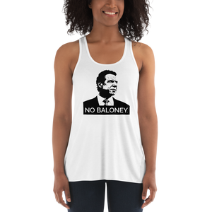 Woman wearing a white flowy racerback style tank top, featuring the Cuomo Sapiens NO BALONEY graphic in black.