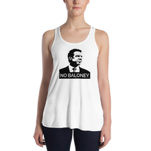 Load image into Gallery viewer, Woman wearing a white flowy racerback style tank top, featuring the Cuomo Sapiens NO BALONEY graphic in black.
