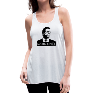 Woman wearing a white flowy racerback style tank top, featuring the Cuomo Sapiens NO BALONEY graphic in black.
