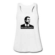 Load image into Gallery viewer, A women’s flowy, racerback style tank top, in white, on a transparent body form, featuring the Cuomo Sapiens NO BALONEY graphic in black.
