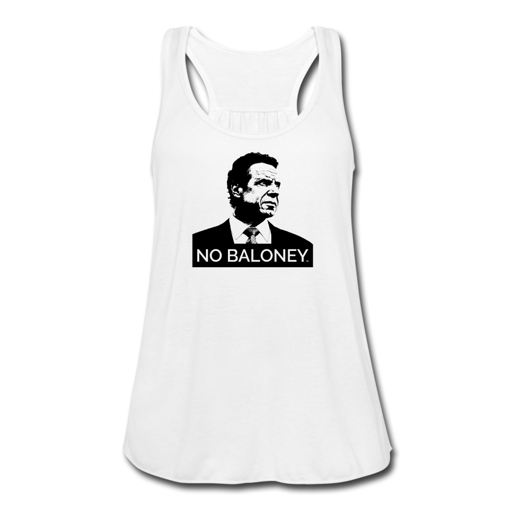 A women’s flowy, racerback style tank top, in white, on a transparent body form, featuring the Cuomo Sapiens NO BALONEY graphic in black.