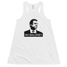 Load image into Gallery viewer, A women’s flowy, racerback style tank top, in white, lying wrinkled on a flat surface, featuring the Cuomo Sapiens NO BALONEY graphic in black.

