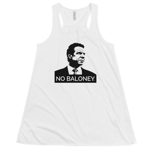A women’s flowy, racerback style tank top, in white, lying wrinkled on a flat surface, featuring the Cuomo Sapiens NO BALONEY graphic in black.
