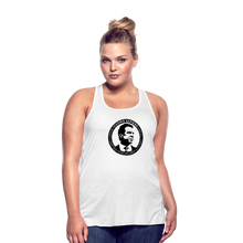 Load image into Gallery viewer, A curvy woman wearing a white flowy racerback style tank top, featuring the Cuomo Sapiens S.U.D.L.T. SEAL graphic in black.
