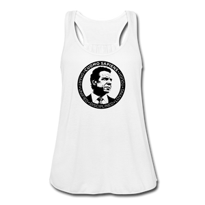 A women’s flowy, racerback style tank top, in white, on a transparent body form, featuring the Cuomo Sapiens S.U.D.L.T. SEAL graphic in black.
