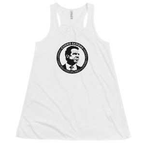 A women’s flowy, racerback style tank top, in white, lying wrinkled on a flat surface, featuring the Cuomo Sapiens S.U.D.L.T. SEAL graphic in black.