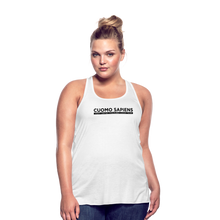 Load image into Gallery viewer, A curvy woman wearing a white flowy racerback style tank top, featuring the Cuomo Sapiens S.U.D.L.T. graphic in black.
