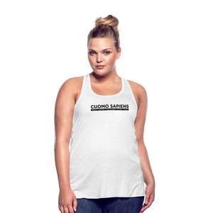 A curvy woman wearing a white flowy racerback style tank top, featuring the Cuomo Sapiens S.U.D.L.T. graphic in black.