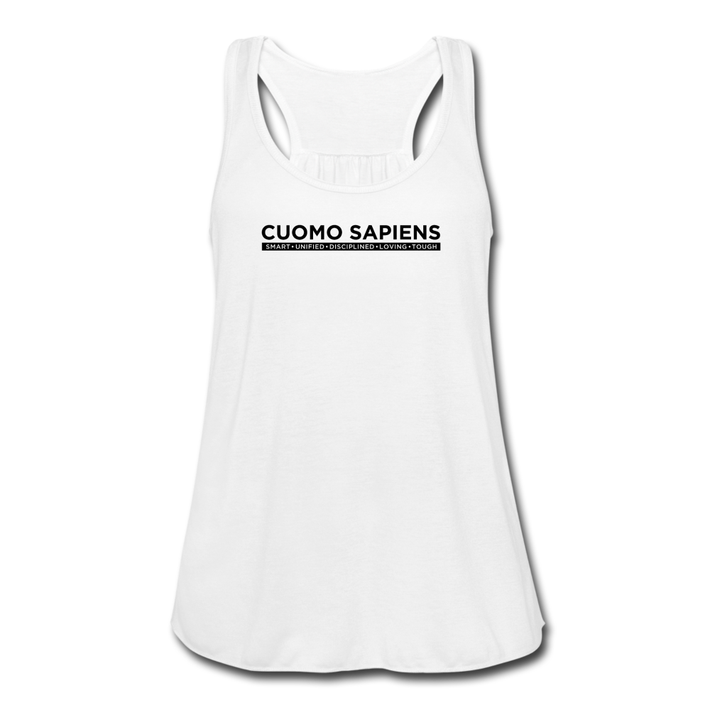 A women’s flowy, racerback style tank top, in white, on a transparent body form, featuring the Cuomo Sapiens S.U.D.L.T. graphic in black.