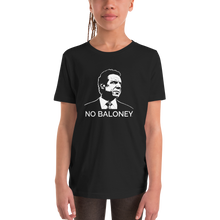 Load image into Gallery viewer, Girl wearing a kids unisex t-shirt, in black, featuring the Cuomo Sapiens NO BALONEY graphic.
