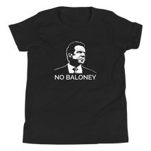 Load image into Gallery viewer, Kids unisex t-shirt, in black, featuring the Cuomo Sapiens NO BALONEY graphic.
