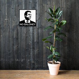Large 18"x18" square black and white Cuomo Sapiens No Baloney matte paper poster hanging on wall near potted plant.