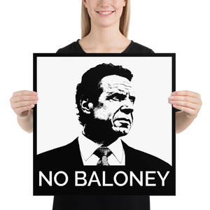 Woman holding large 18"x18" square black and white Cuomo Sapiens No Baloney matte paper poster