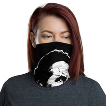 Load image into Gallery viewer, Front-view of a woman wearing a black neck gaiter in the classic face-covering configuration, featuring the Cuomo Sapiens NO BALONEY graphic in white.
