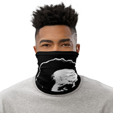Load image into Gallery viewer, Front-view of a man wearing a black neck gaiter in the classic face-covering configuration, featuring the Cuomo Sapiens NO BALONEY graphic in white.
