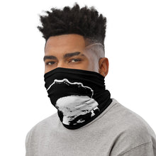 Load image into Gallery viewer, Left side-view of a man wearing a black neck gaiter in the classic face-covering configuration, featuring the Cuomo Sapiens NO BALONEY graphic in white.
