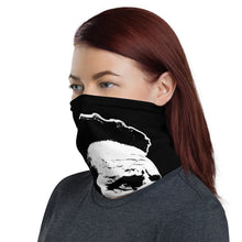 Load image into Gallery viewer, Left side-view of a woman wearing a black neck gaiter in the classic face-covering configuration, featuring the Cuomo Sapiens NO BALONEY graphic in white.
