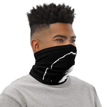Load image into Gallery viewer, Right side-view of a man wearing a black neck gaiter in the classic face-covering configuration, featuring the Cuomo Sapiens NO BALONEY graphic in white.
