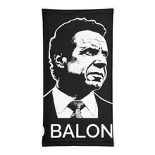 Load image into Gallery viewer, Front-view of a folded-up black neck gaiter, featuring the Cuomo Sapiens NO BALONEY graphic in white.

