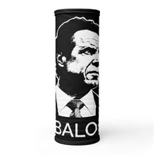 Load image into Gallery viewer, Front-view of a black neck gaiter, rolled into a tube, featuring the Cuomo Sapiens NO BALONEY graphic in white.
