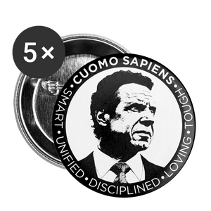 Front and back of 2.2"-diameter buttons featuring black and white Cuomo Sapiens S.U.D.L.T. SEAL.