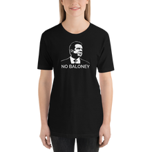 Load image into Gallery viewer, Woman wearing a black unisex t-shirt, featuring the Cuomo Sapiens NO BALONEY graphic in white.
