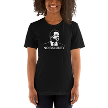 Load image into Gallery viewer, Woman wearing a black unisex t-shirt, featuring the Cuomo Sapiens NO BALONEY graphic in white.
