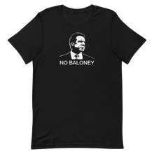 Load image into Gallery viewer, A black unisex t-shirt on a flat surface, featuring the Cuomo Sapiens NO BALONEY graphic in white.
