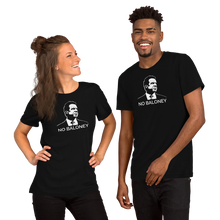 Load image into Gallery viewer, A woman and a man wearing a black unisex t-shirts, featuring the Cuomo Sapiens NO BALONEY graphic in white.
