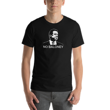 Load image into Gallery viewer, Man wearing a black unisex t-shirt, featuring the Cuomo Sapiens NO BALONEY graphic in white.
