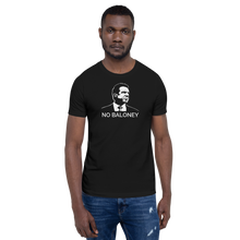 Load image into Gallery viewer, Man wearing a black unisex t-shirt, featuring the Cuomo Sapiens NO BALONEY graphic in white.
