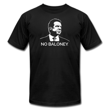 Load image into Gallery viewer, A black unisex t-shirt on a transparent body form, featuring the Cuomo Sapiens NO BALONEY graphic in white.
