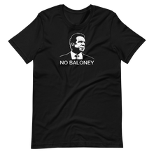 Load image into Gallery viewer, A black unisex t-shirt lying wrinkled on a flat surface, featuring the Cuomo Sapiens NO BALONEY graphic in white.

