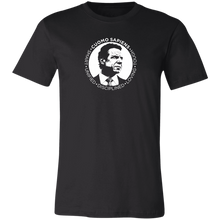 Load image into Gallery viewer, A black unisex t-shirt on a transparent body form, featuring the Cuomo Sapiens S.U.D.L.T. SEAL graphic in white.

