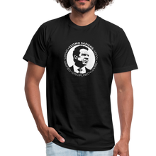 Load image into Gallery viewer, Man wearing a black unisex t-shirt, featuring the Cuomo Sapiens S.U.D.L.T. SEAL graphic in white.
