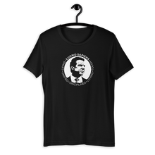 Load image into Gallery viewer, A black unisex t-shirt on a hangar, featuring the Cuomo Sapiens S.U.D.L.T. SEAL graphic in white.
