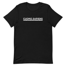 Load image into Gallery viewer, A black unisex t-shirt on a flat surface, featuring the Cuomo Sapiens S.U.D.L.T. graphic in white.
